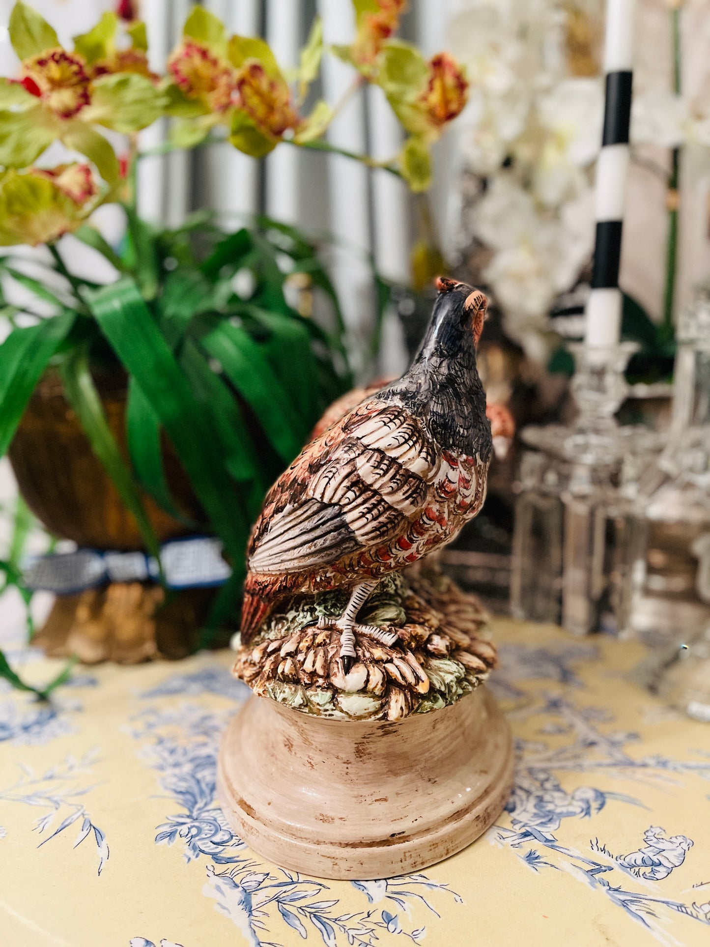 Italian Blue Quail Statuette, Large, Hand Painted