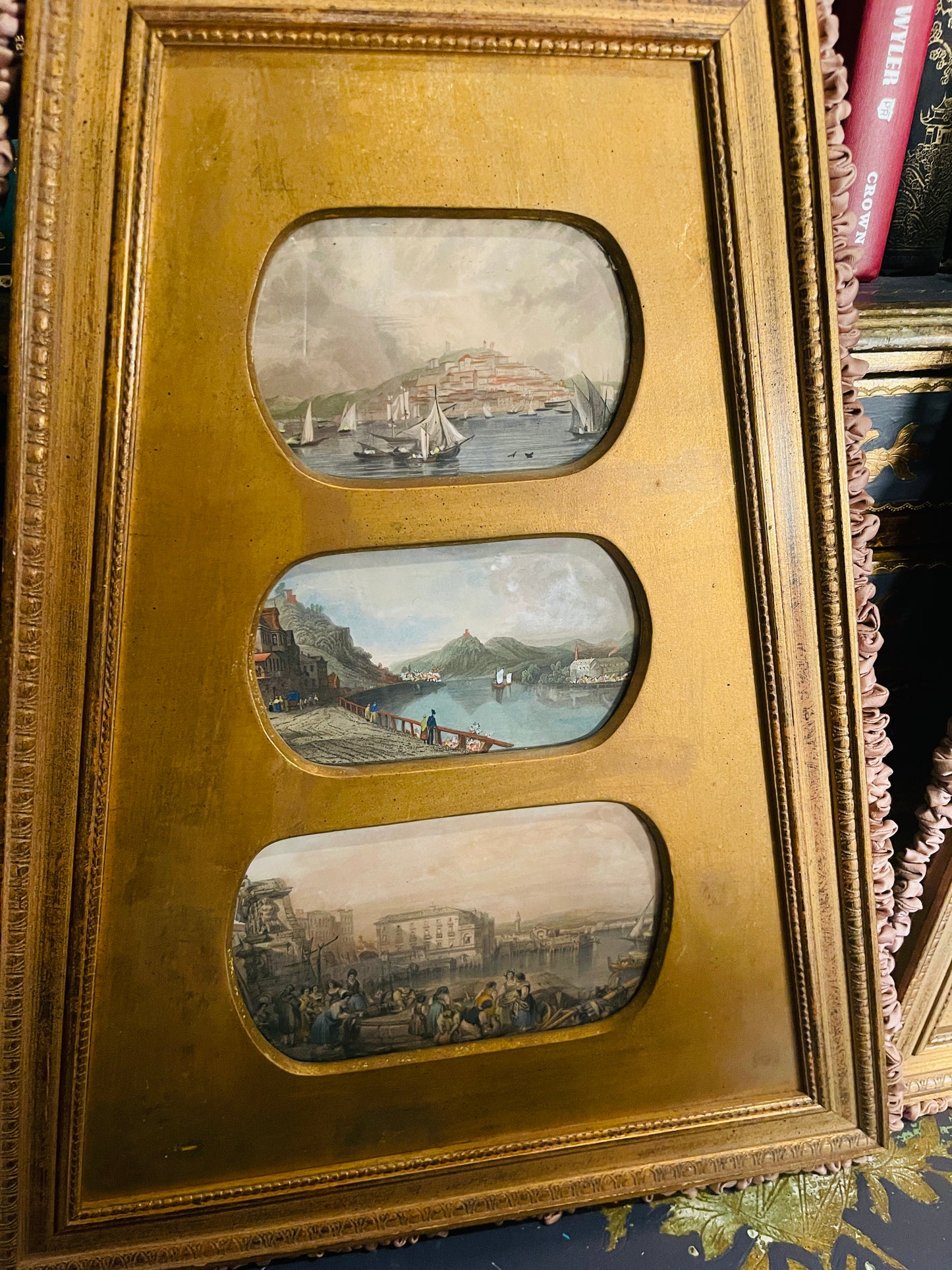 Vintage Italian Gilt Framed Coastal Art – Mediterranean Coastal Scenes