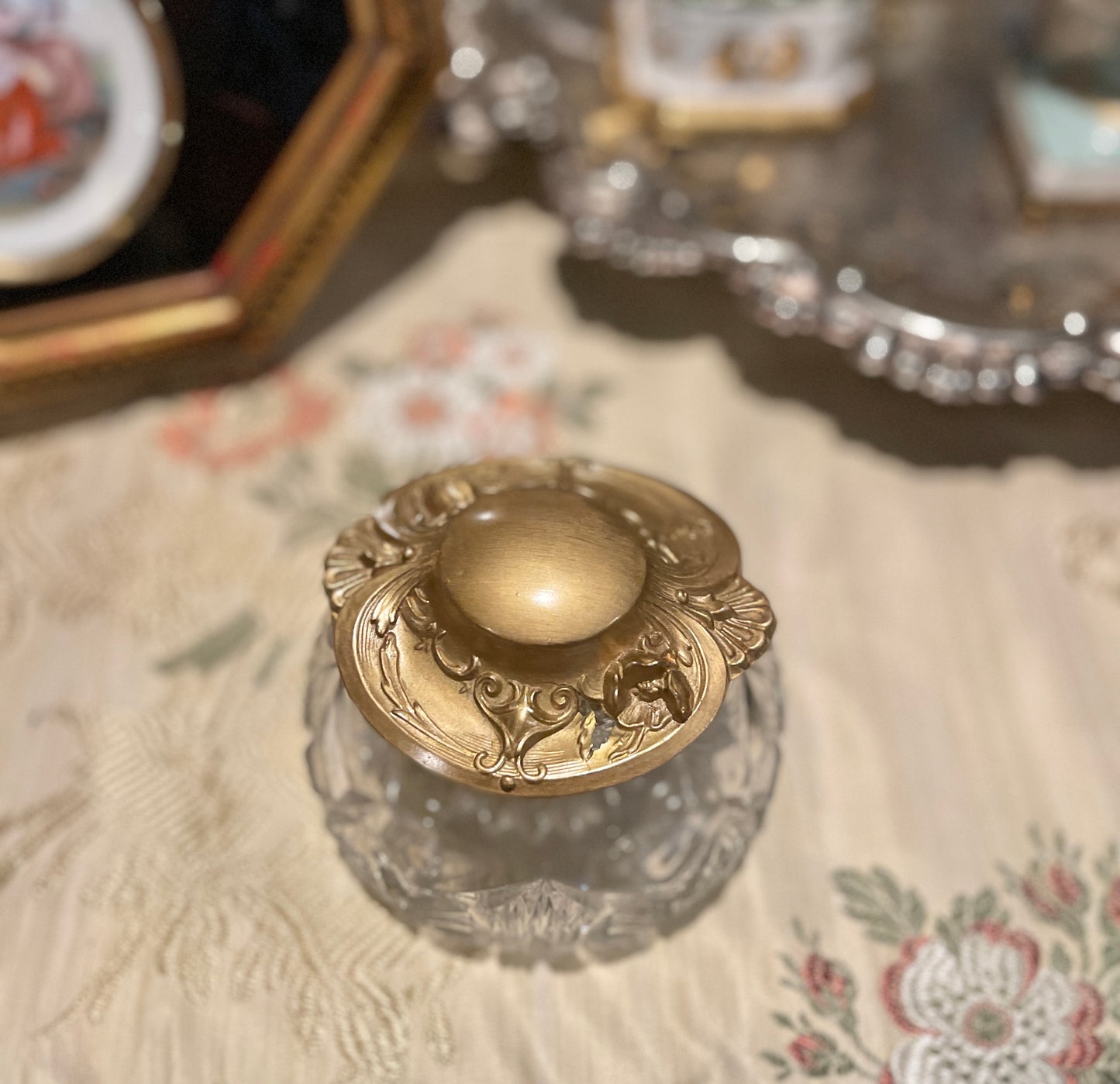 Cut Glass Powder Jar with Gold Tole Lid, Vintage