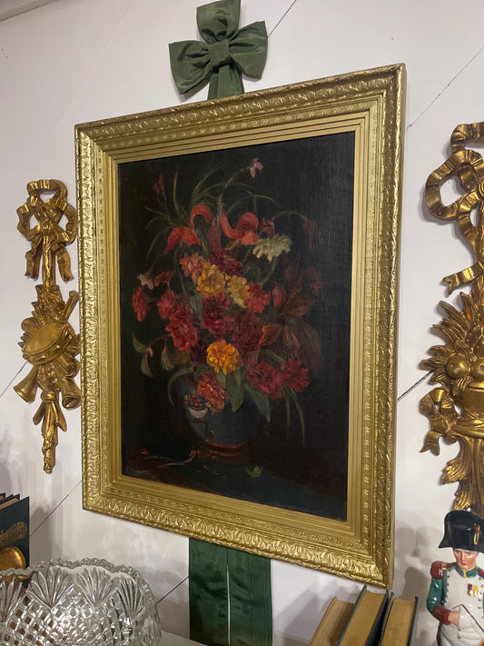 Moody Antique Floral Still Life Painting, Oil on Linen, Signed, Ornate Gold Frame