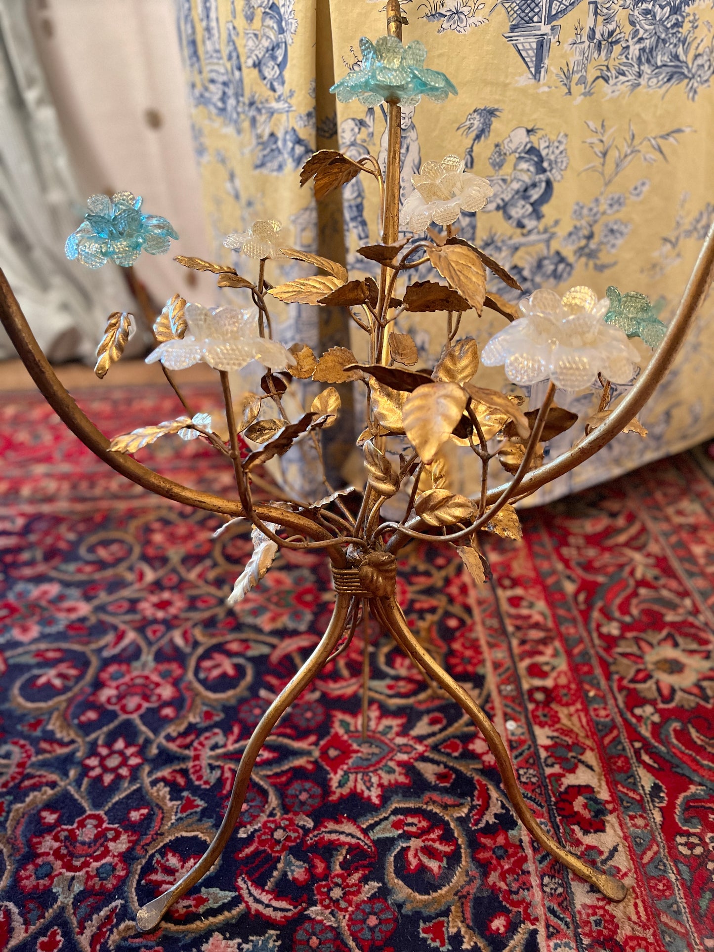 Vintage Italian Gilt Tole Table with Blue and White Murano Glass Flowers, Hollywood Regency Decor