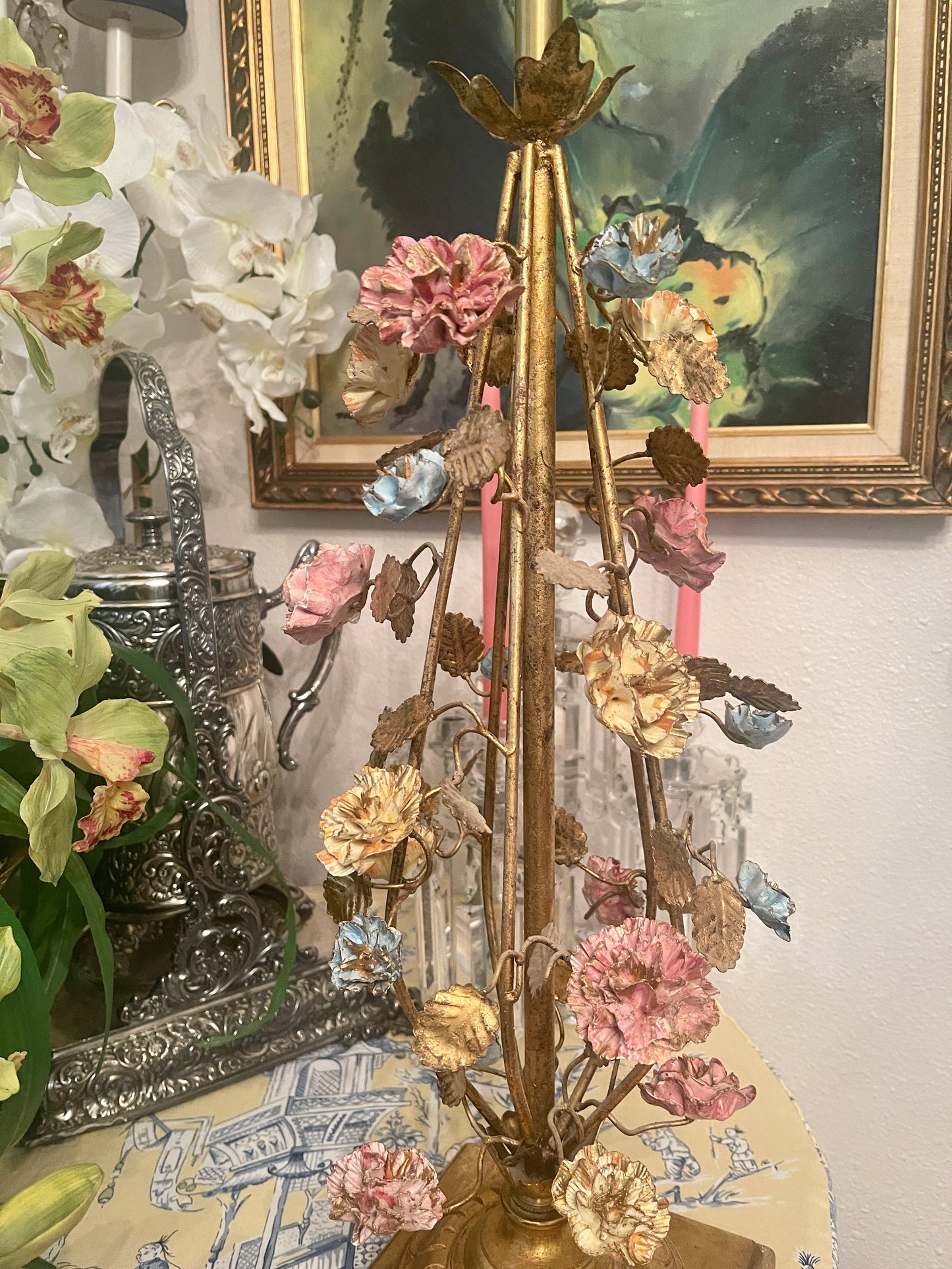 Vintage Italian Gilt Tole Lamp with porcelain flowers in pink, blue, and yellow, Metal tag marked ITALY attached