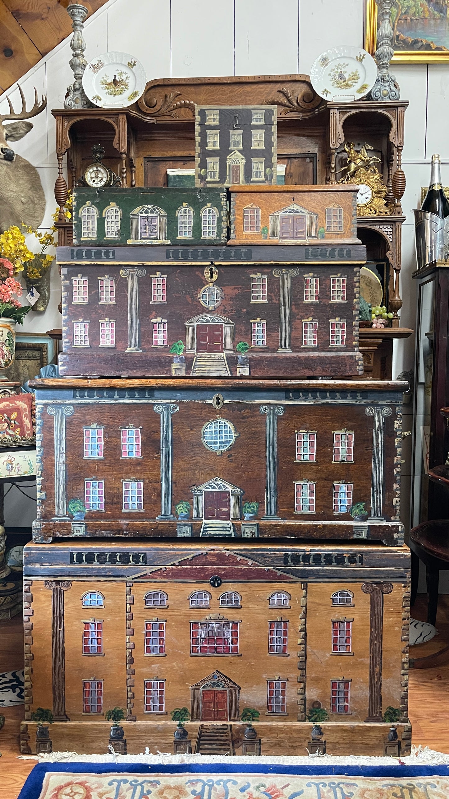 English House Blanket/Storage Box – Grand Georgian Manor, Pink Drapes, Four Plants in Urns