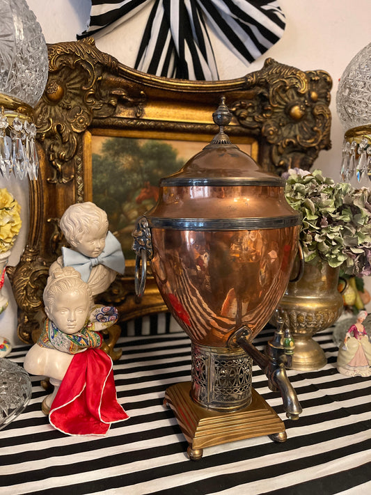 Adam Style Neoclassical Copper & Brass
Samovar with Lion Head Rings and Stepped Base