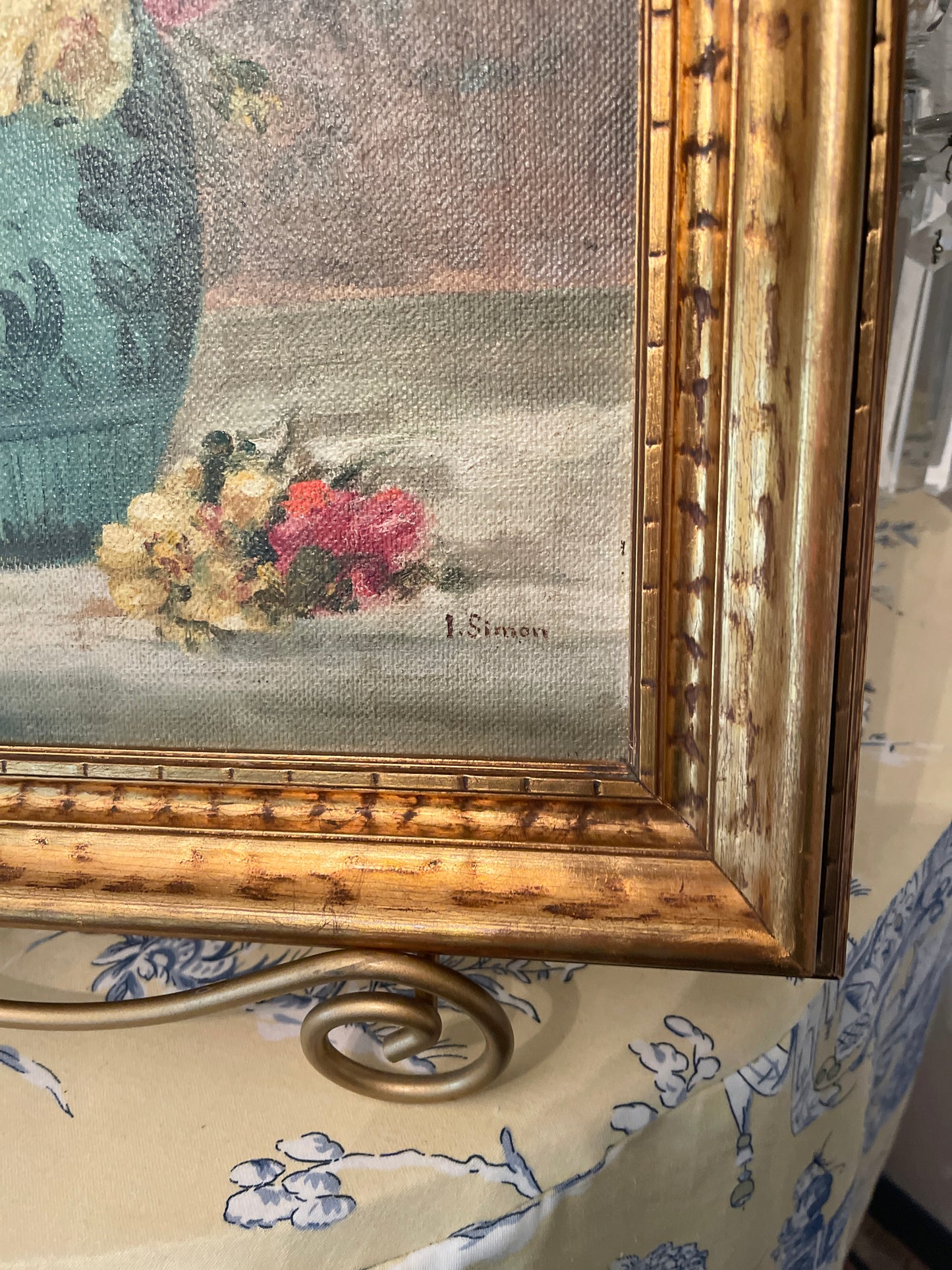 1920s Floral Still Life Painting, Blue Vase, Artist Signed