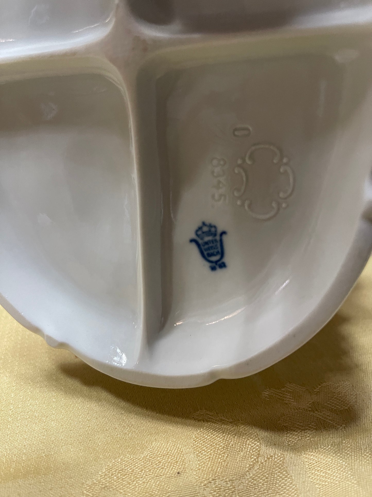 Vintage Royal Dux Bohemia Porcelain Lady at the Piano Figurine, White Porcelain with Blue Applied Roses & Pink Bow — Mid-Century European Figurine