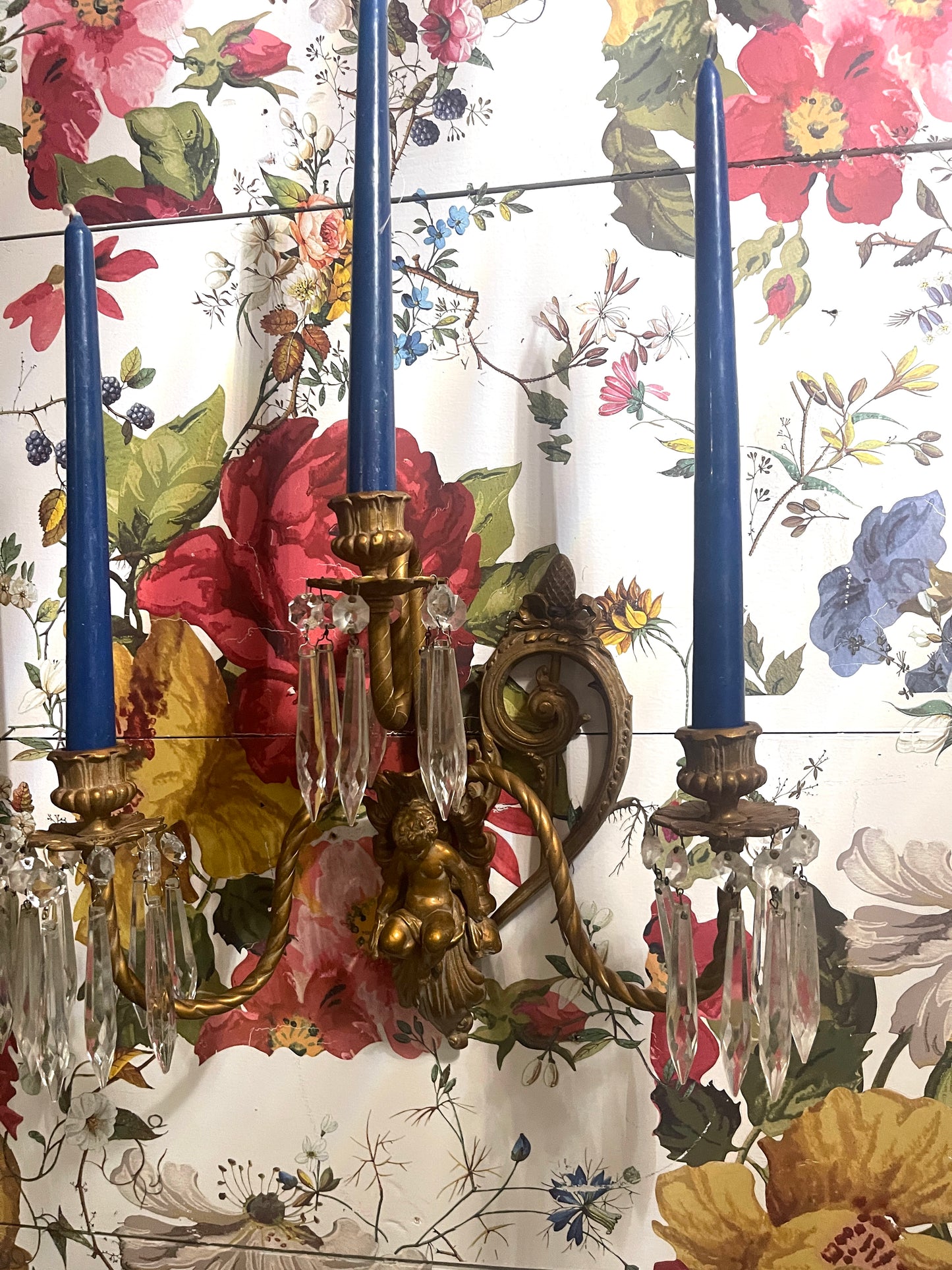 Antique Victorian Putti Wall Sconces With Crystal Prisms — Ornate Brass Cherub Candle Sconces (Pair)