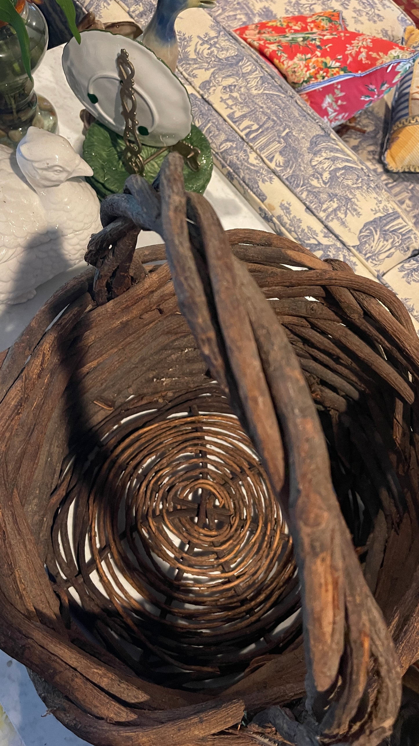 Large Vintage Hand-Woven Grapevine Gathering Basket | French Country Style