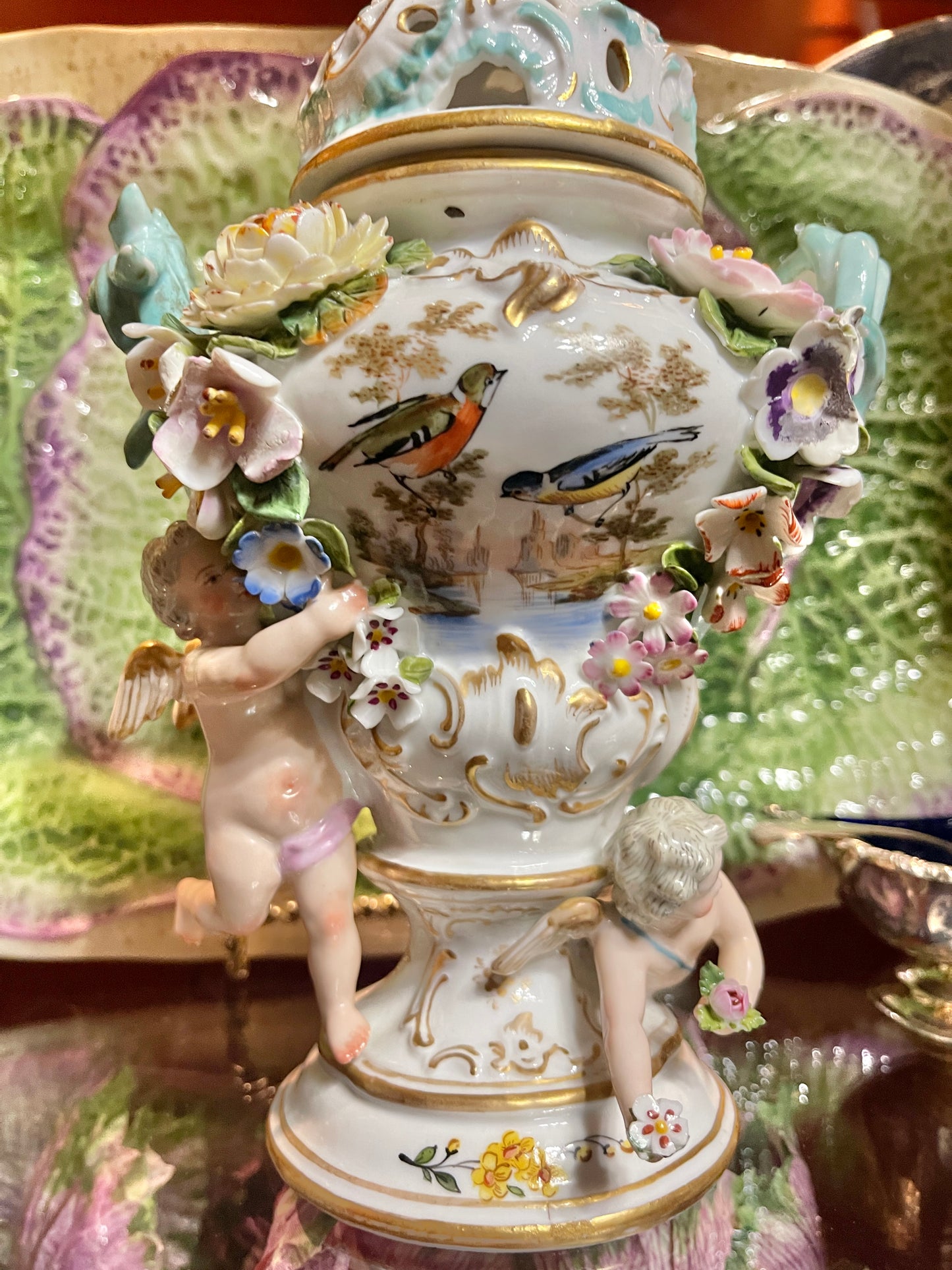 Antique Meissen Potpourri Urn with Cherubs | Bird Scene Porcelain | Floral Encrusted | 11.5”