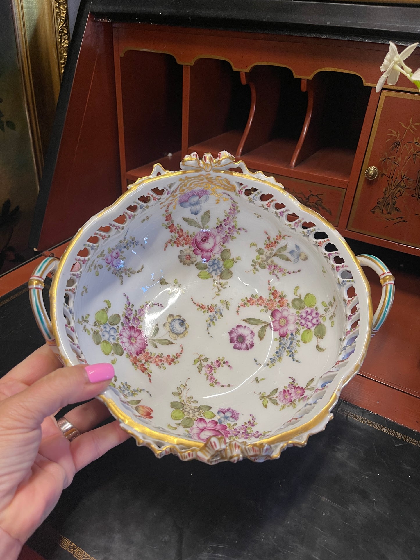 Vintage Meissen Footed Jardinière Bowl | Marked | Hand-Painted Floral Bouquets and Bow with Gilt Detail