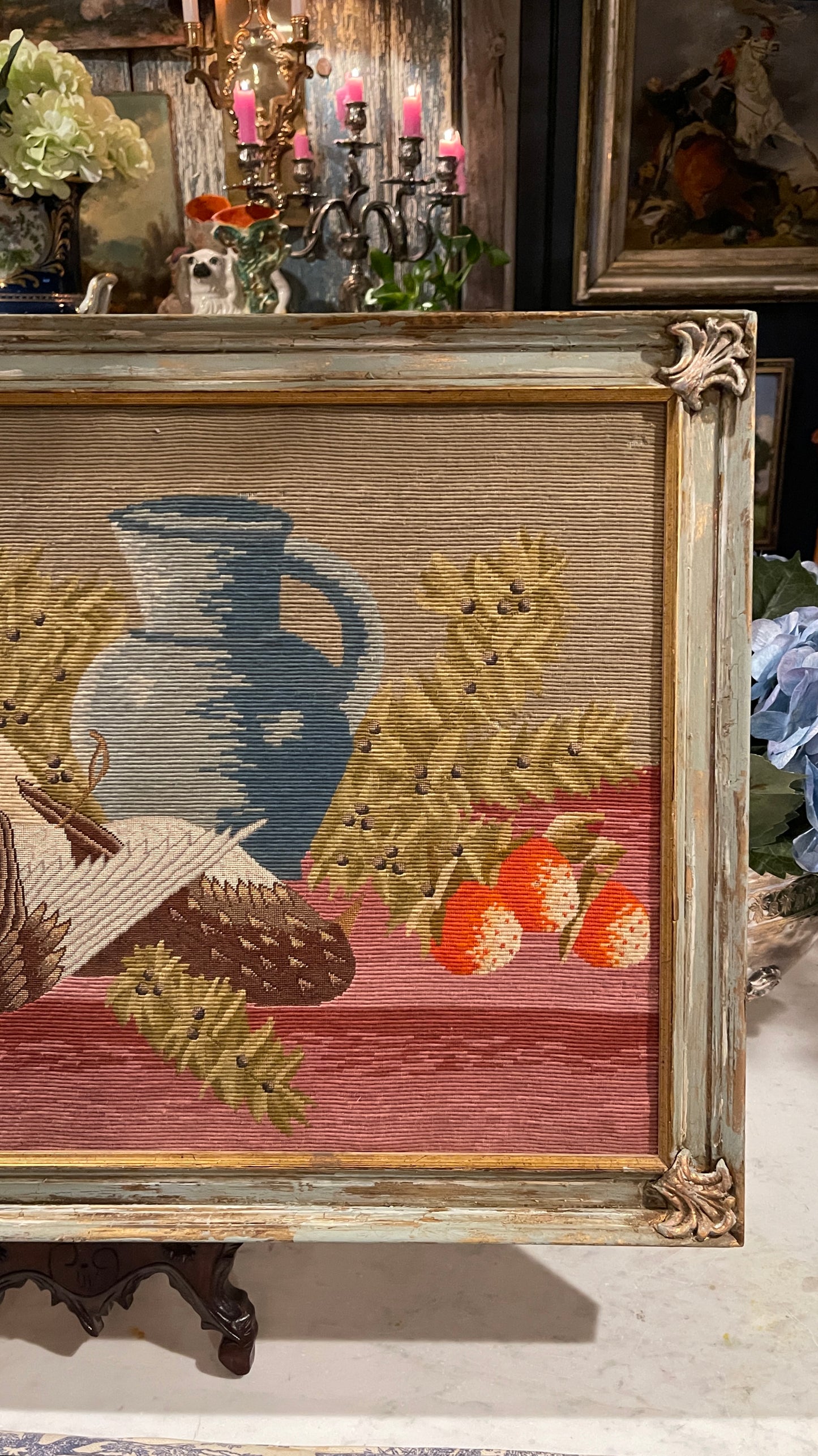 ANTIQUE GAME BIRD NEEDLEPOINT & PETIT POINT IN CUSTOM-FINISHED WOOD FRAME, Country French