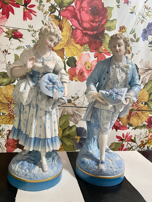 Blue and White French Figural Porcelain Statuettes, European Porcelain Bisque, Hand Painted
