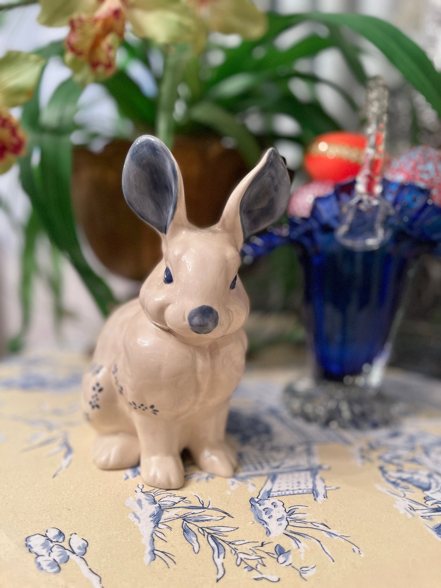 Blue and White Hand Painted Floral Bunny, Estate Decor