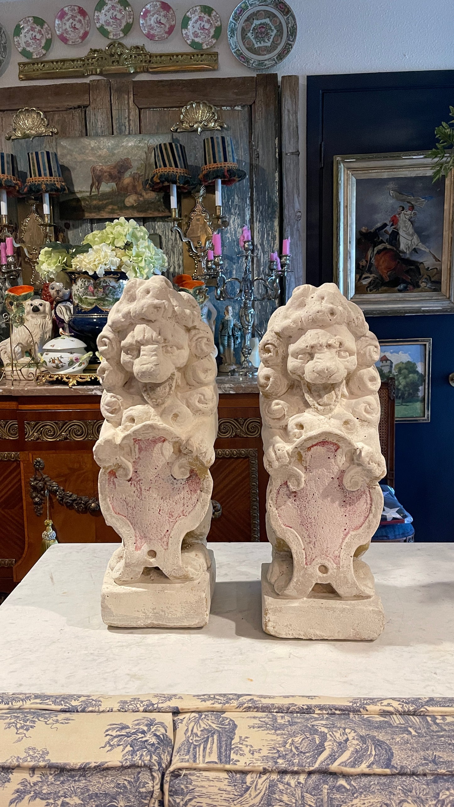Antique French Sandstone Heraldic Garden Lion, Two Available