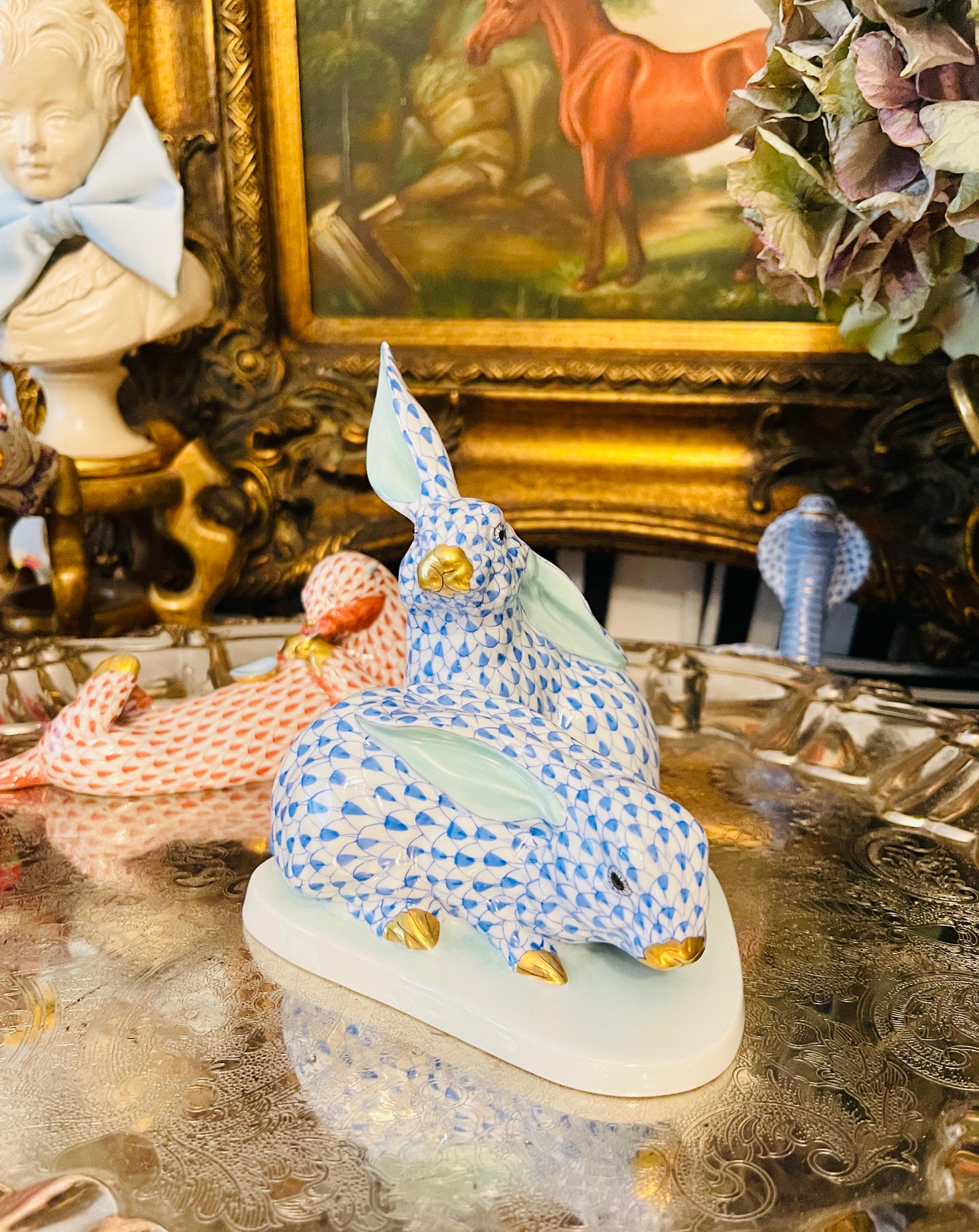 Large Herend Blue Fishnet Rabbit Pair with Ear Up, 24 kt Gold Accents