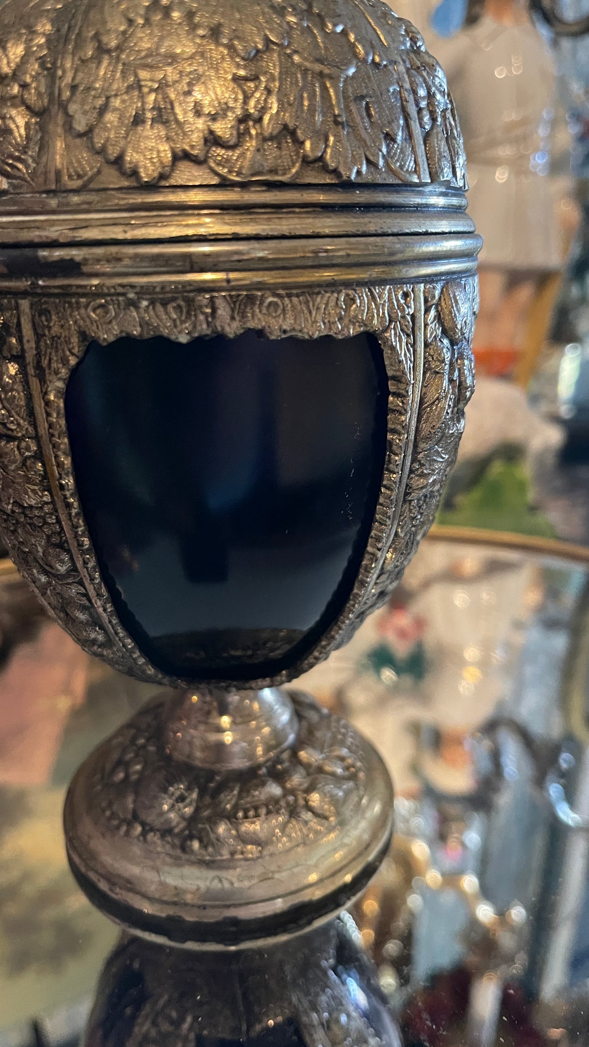 Cobalt & Abundance — Blue Glass Covered Urn with Floral & Fruit Metalwork | 8.5” H × 4” W