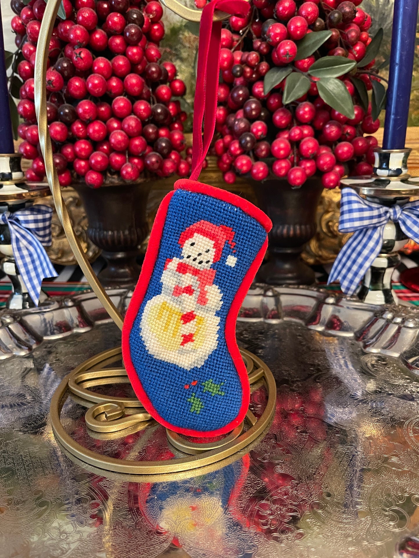 Vintage Needlepoint Snowman with Red Stocking Cap Christmas Ornament