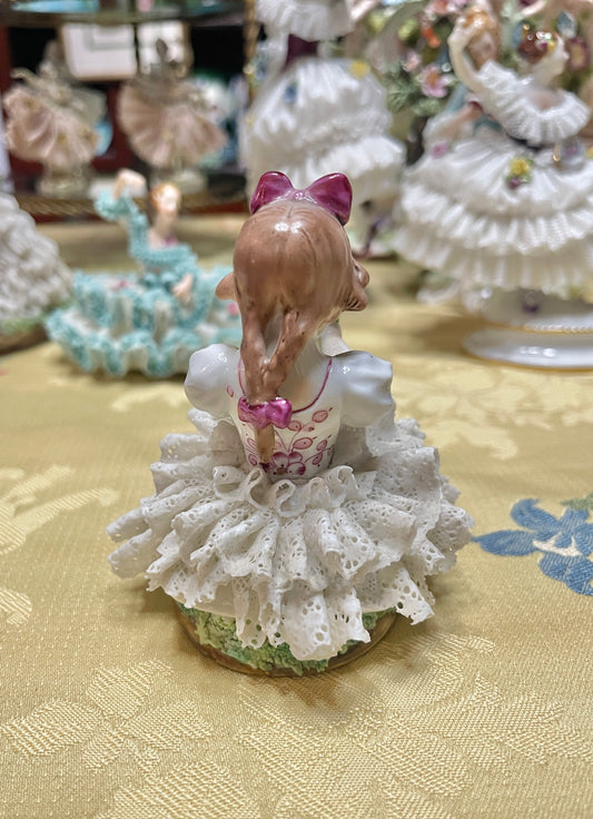 Vintage German Porcelain Dresden-Style Lace Girl Figurine with Bouquet of Flowers | Marked Germany