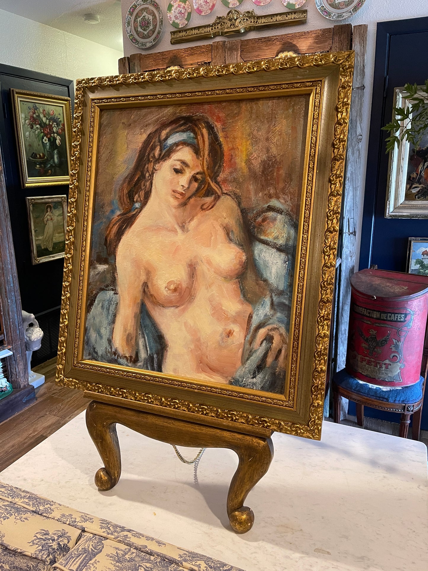 Vintage Female Nude Oil Painting in Ornate Gilt Frame | Expressive Figure Study, Signed