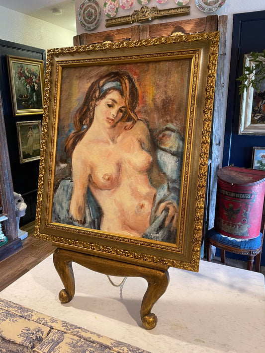Vintage Female Nude Oil Painting in Ornate Gilt Frame | Expressive Figure Study, Signed