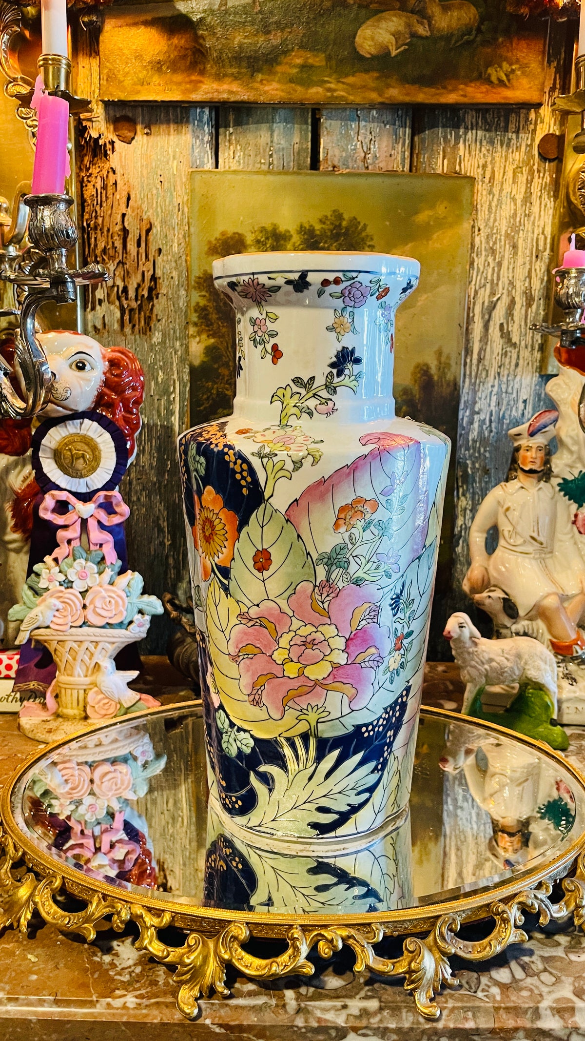 Vintage Tobacco Leaf Vase | Tall Chinoiserie Floral Vase | 14.25” Tall