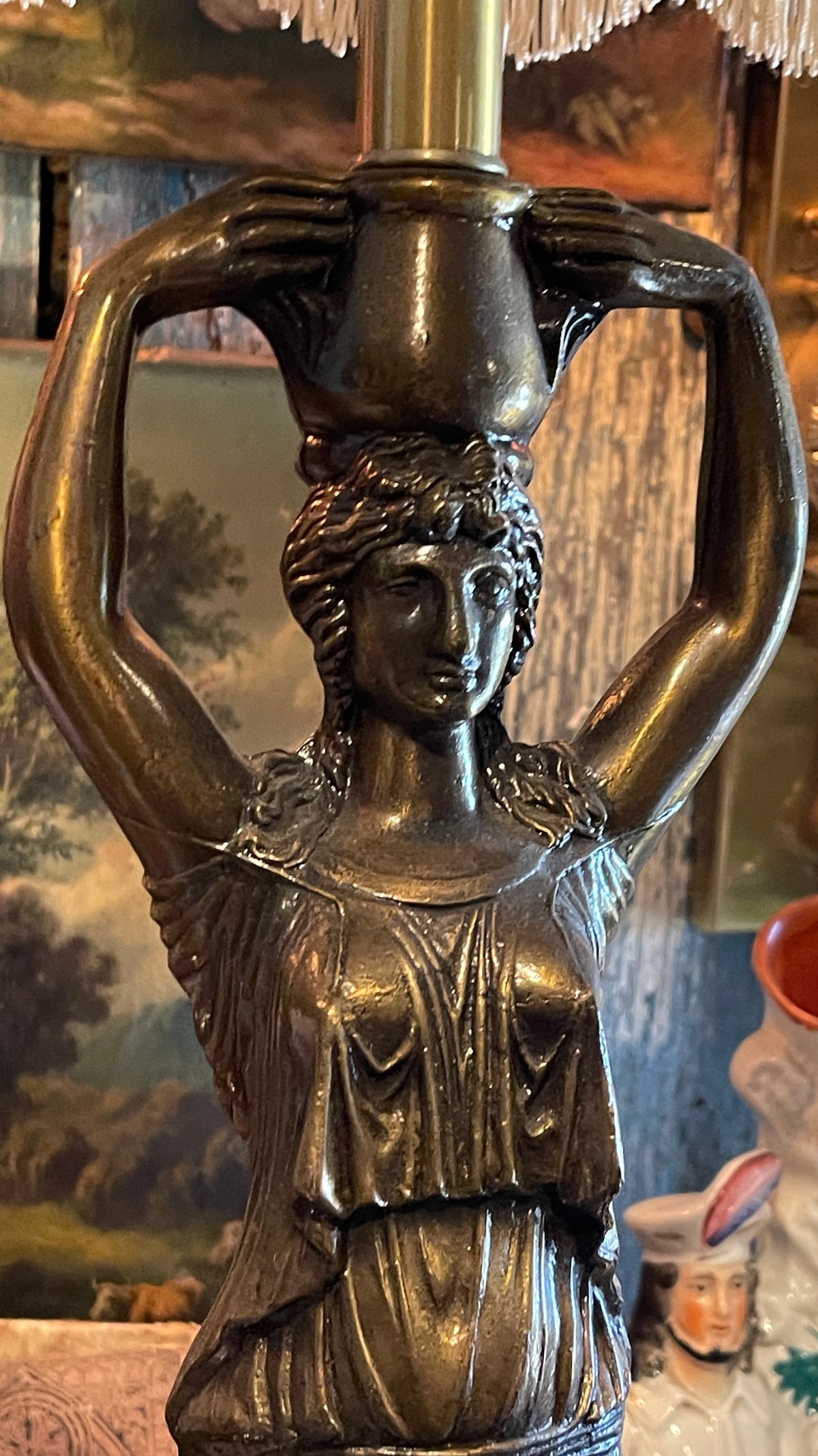 Grand Vintage Classical Revival Caryatid Figural Lamp with Alabaster Base, Vintage Lighting