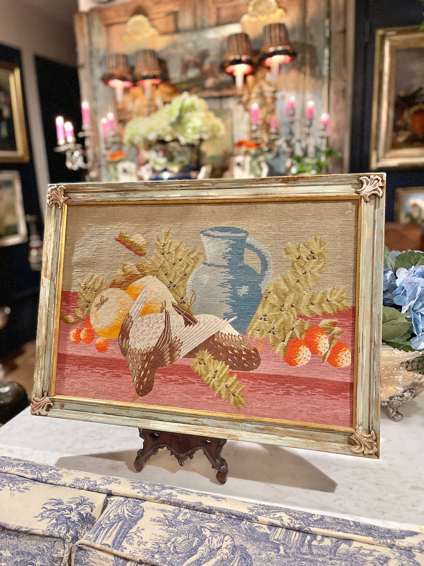 ANTIQUE GAME BIRD NEEDLEPOINT & PETIT POINT IN CUSTOM-FINISHED WOOD FRAME, Country French