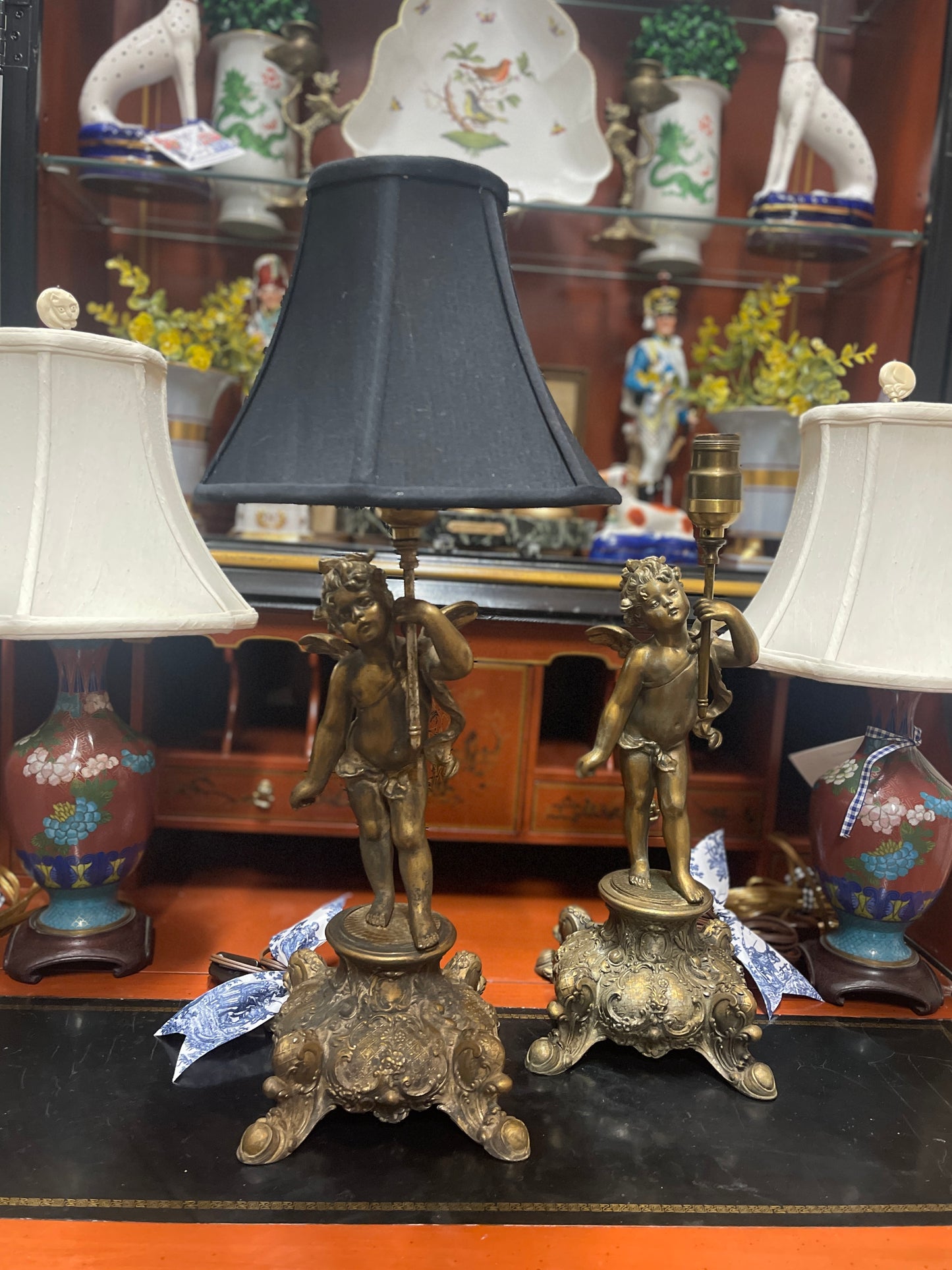 Antique French Gilt Spelter Figural Cherub Lamp, Late 19th Century, Two Available 

Two Available