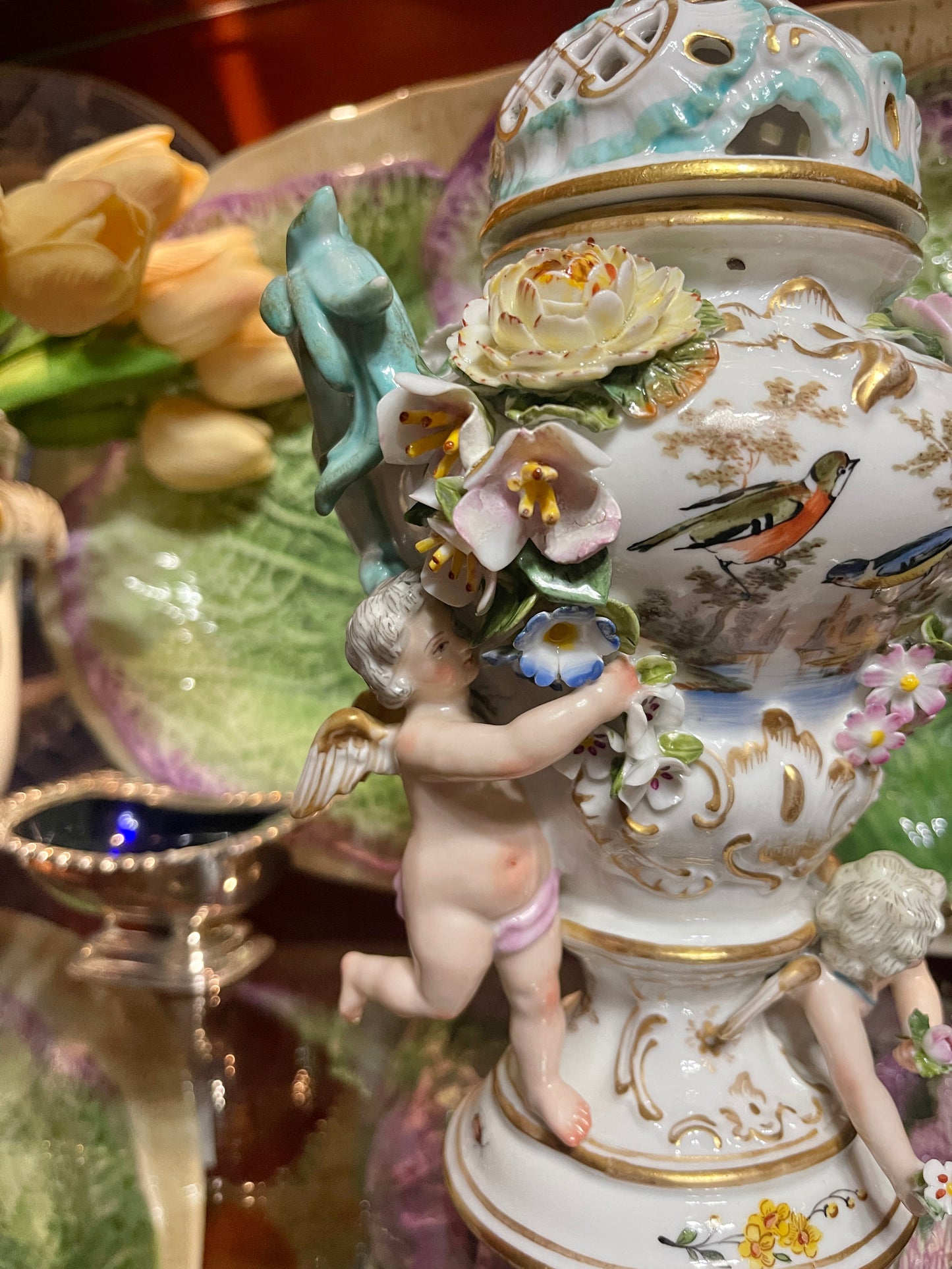 Antique Meissen Potpourri Urn with Cherubs | Bird Scene Porcelain | Floral Encrusted | 11.5”