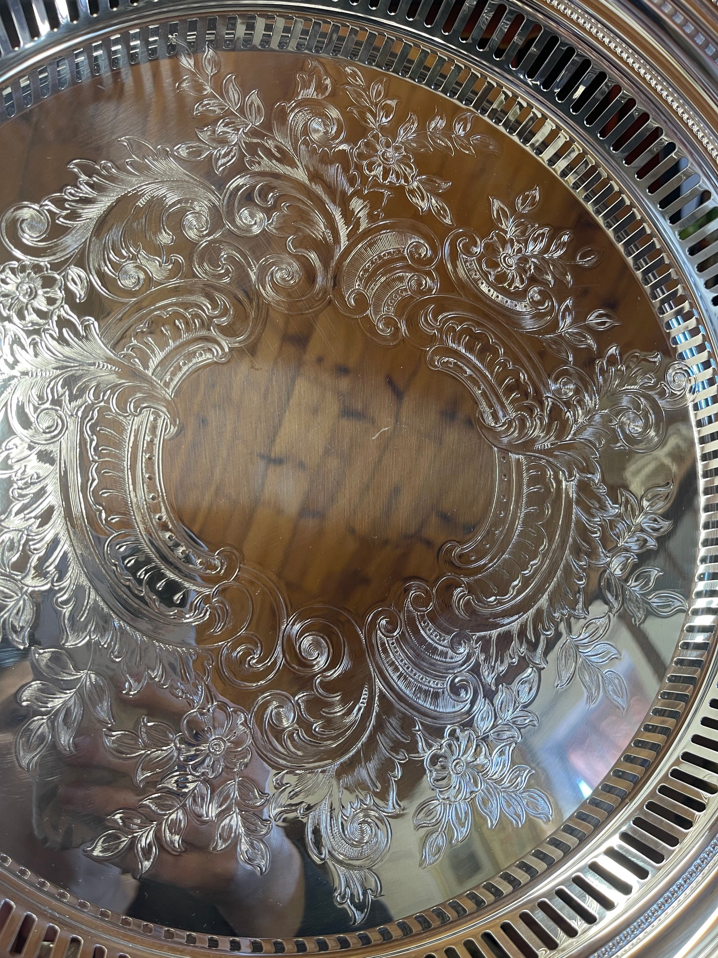 Vintage Towle Reticulated Round Gallery Tray, Baroque Silver Plate