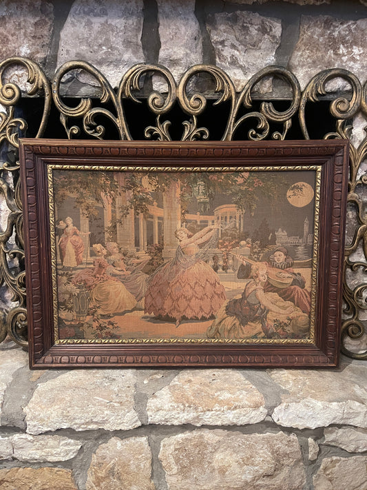 Antique French Tapestry with Moonlit Soiree, Elegant Dancer in Pink Dress, Round Top Find,  Rococo Style Wall Art