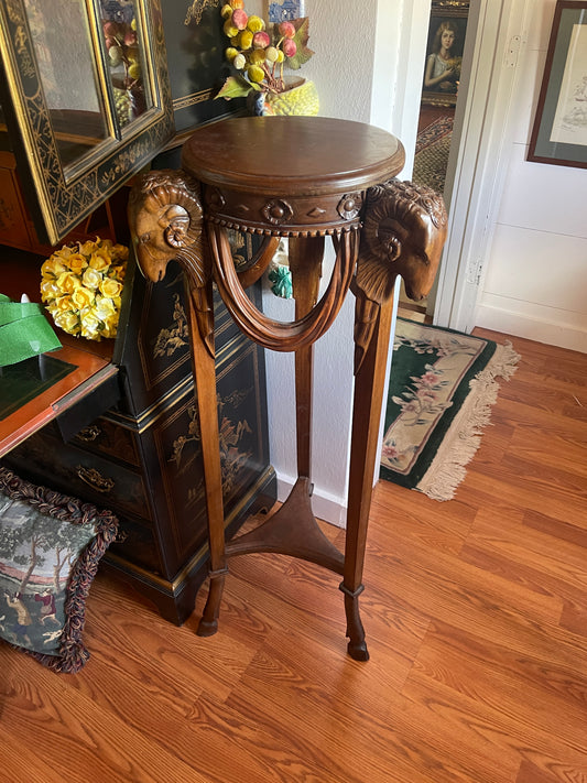 Vintage Carved Mahogany Plant Stand W/ Rams Head & Hooved Feet, Neoclassical Detail