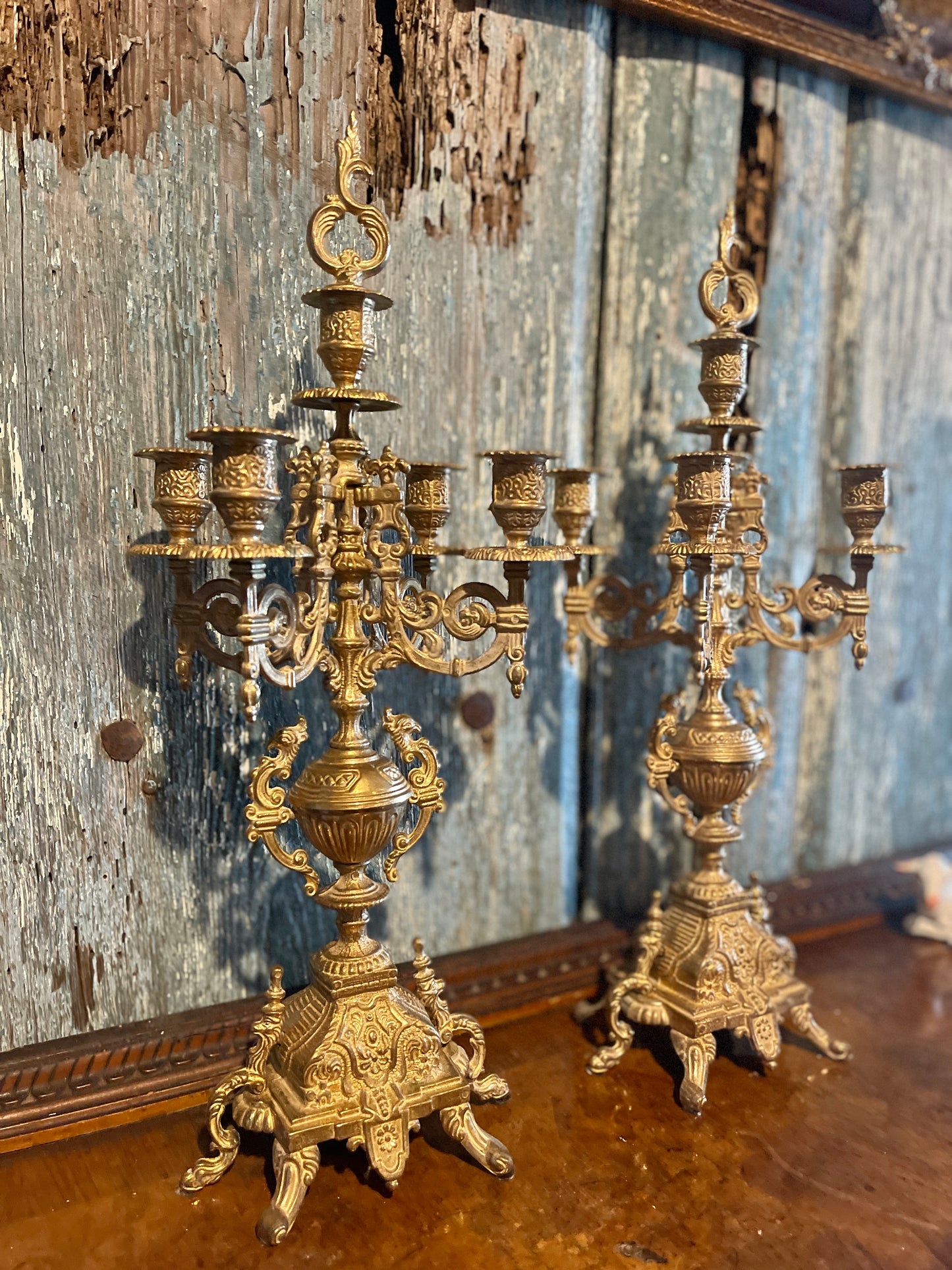 Vintage Pair Brass Ormolu Baroque Candelabras