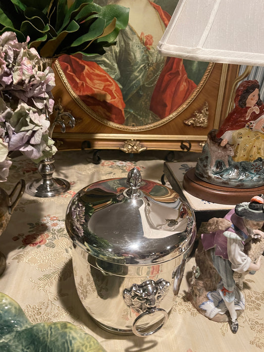 F.B. Rogers Silver Plate Ice Bucket with Lion Head and Ring Handles, Original Liner, C. 1950s