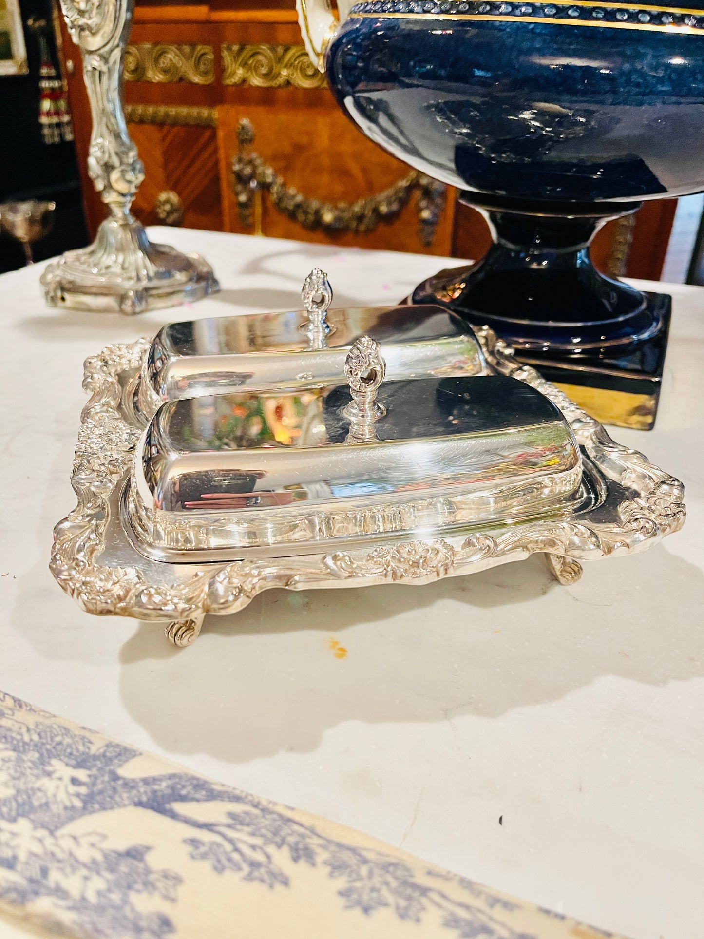 Vintage Silverplate Double Butter Dish with Covers | Footed Ornate Serving Piece | French Rococo Style Tableware