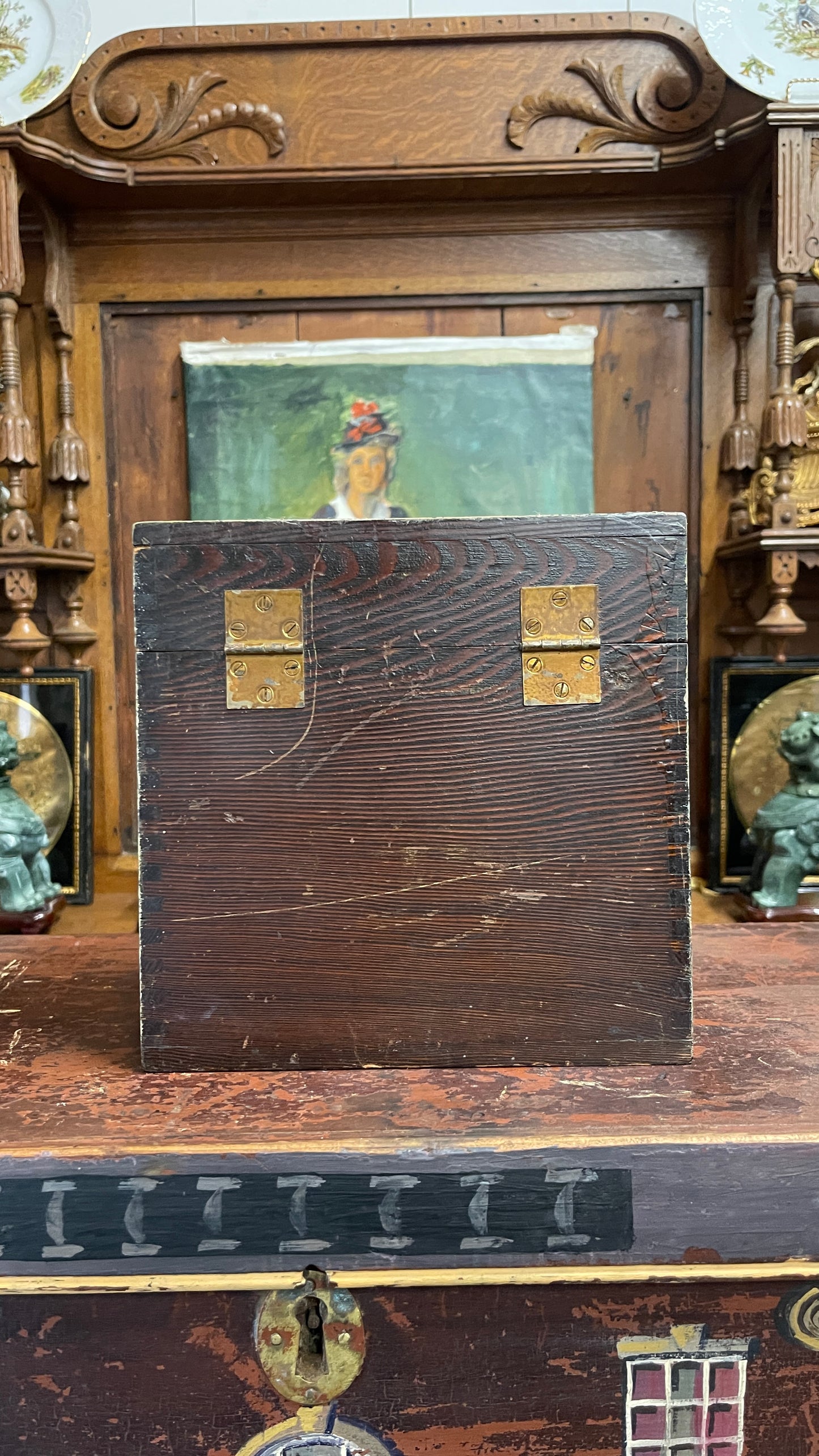 19th Century English Paint-Decorated Table Box with Topiaries, Georgian Townhouse Façade | English Folk Art Storage Box