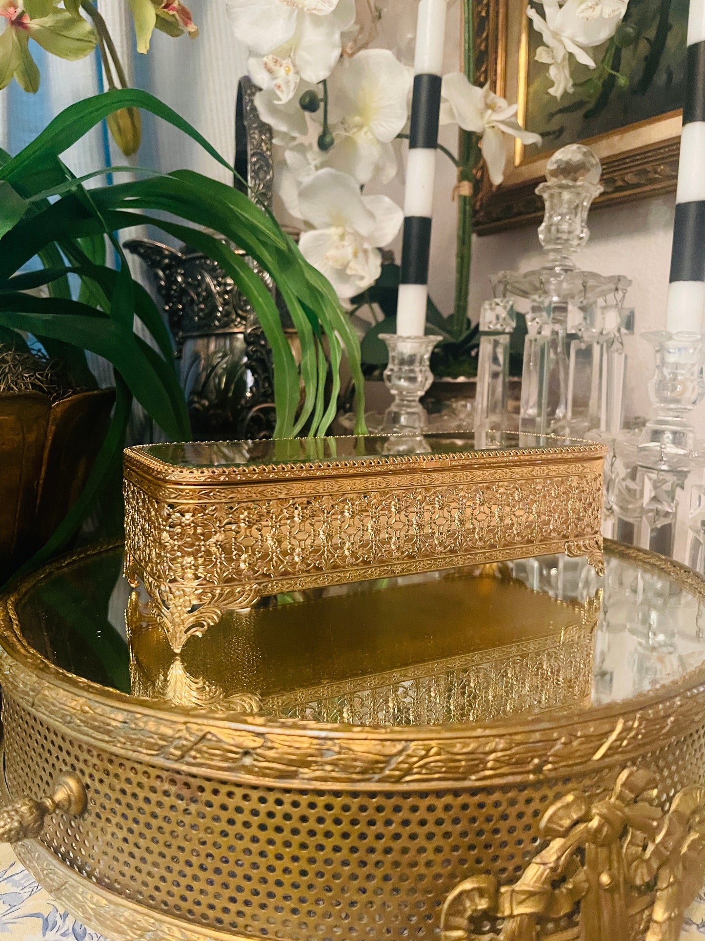 Ornate Ormolu & Beveled Glass Jewelry Casket Box — Vintage Filigree Vanity Treasure