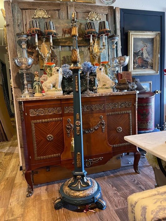 19th Century French Carved Wood Torchère Floor Lamp | Blue & Gilt Louis XVI Style | 65” Tall Round Top Find, PRICED FOR PICK UP