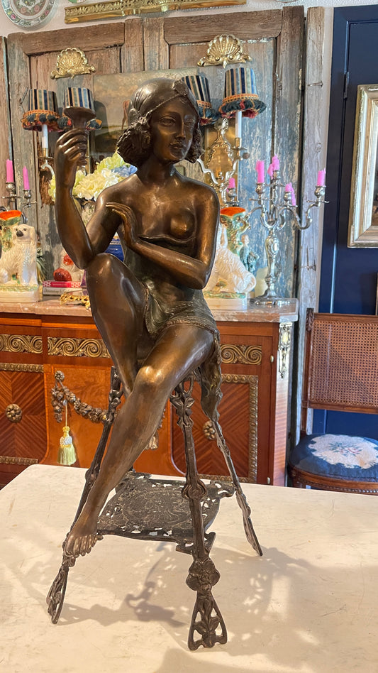 Monumental Bronze Parisienne Seated Art Deco Figural Sculpture with Champagne Coupe, Estate Sourced