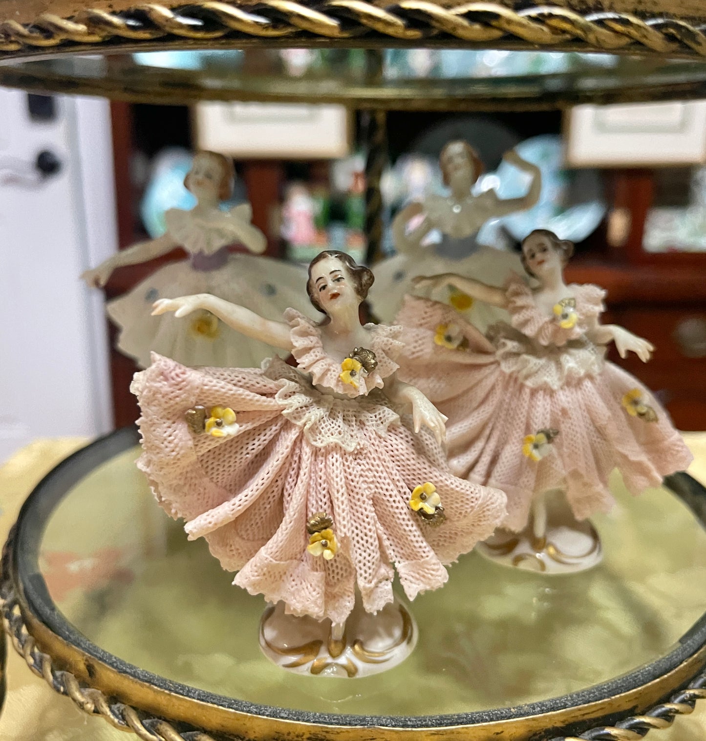 German Porcelain Dresden-Style Lace Dancing Figurine | Vintage European Porcelain Dancer in Pink with Yellow Roses