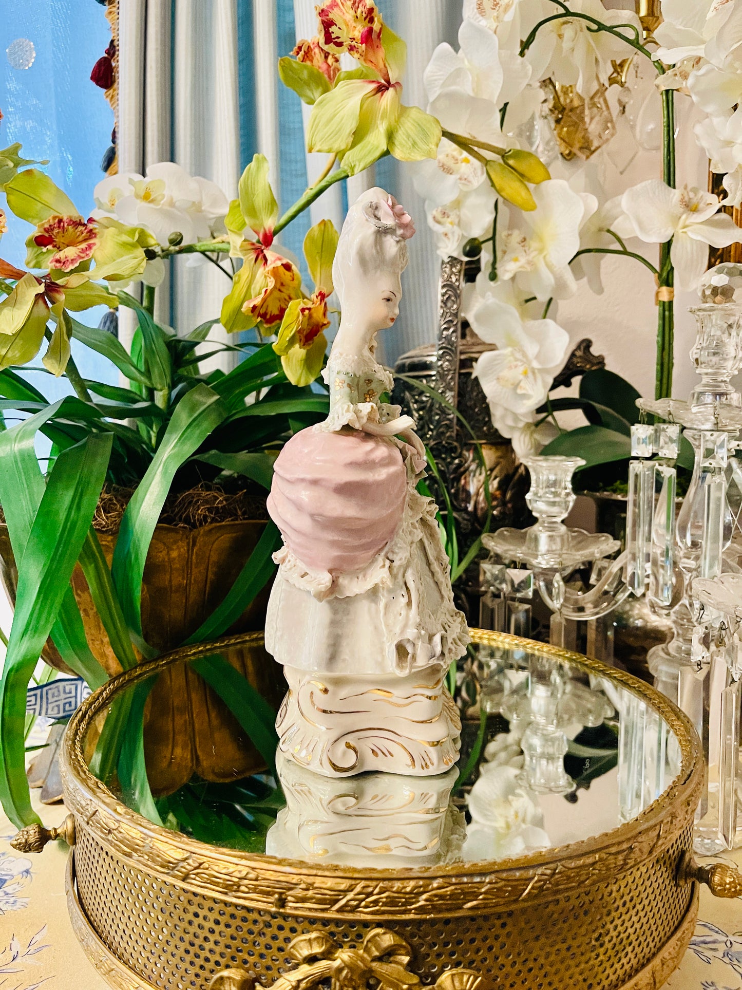 Whimsically Romantic Cordey Marie Antoinette–Inspired Rococo Lady Statuette | 11” | Pink Roses