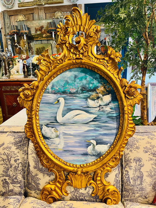 Original Swan Painting with Ducklings in Ornate Giltwood Frame, Signed | Vintage Style Nursery Wall Art | Romantic Blue, White & Blush Pink Decor | Round Top Antique Find