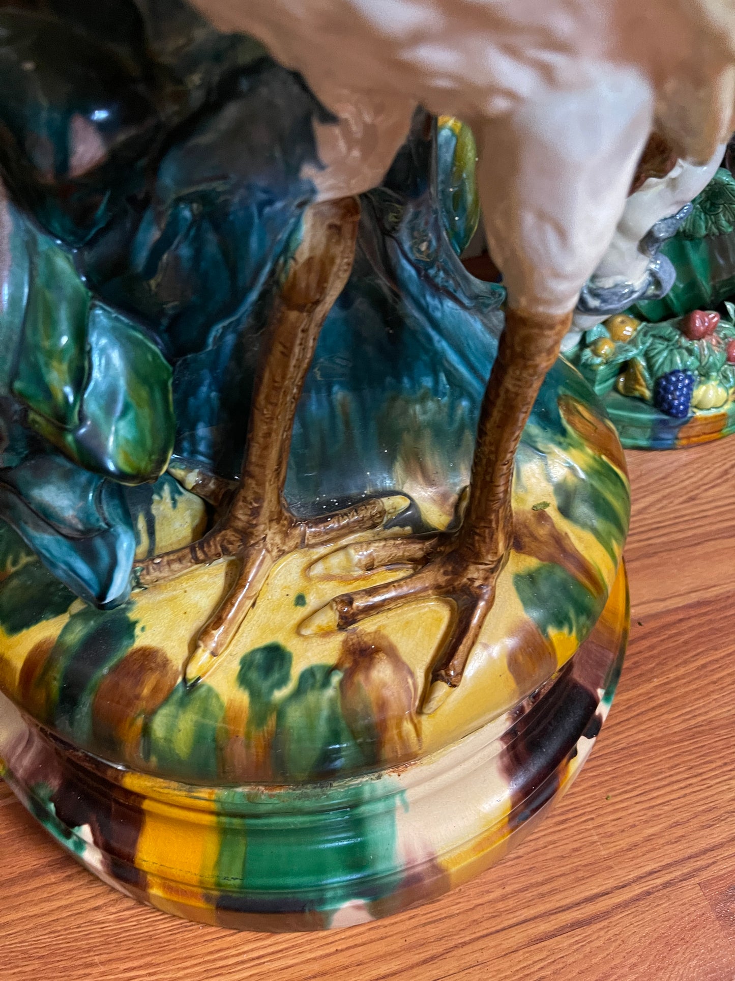 Monumental French Art Nouveau Majolica Jardinière on Heron Stand | Vallauris Style | Palm Beach Chic Coastal Garden Statement Piece