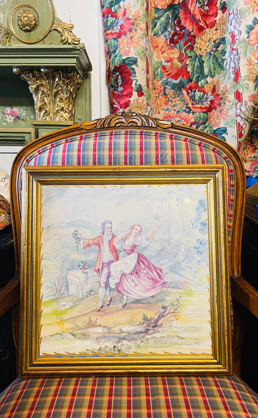 Large Framed Vintage Porcelain Plaque | Rococo Courting Scene with Hand-Painted Details | Giltwood Frame