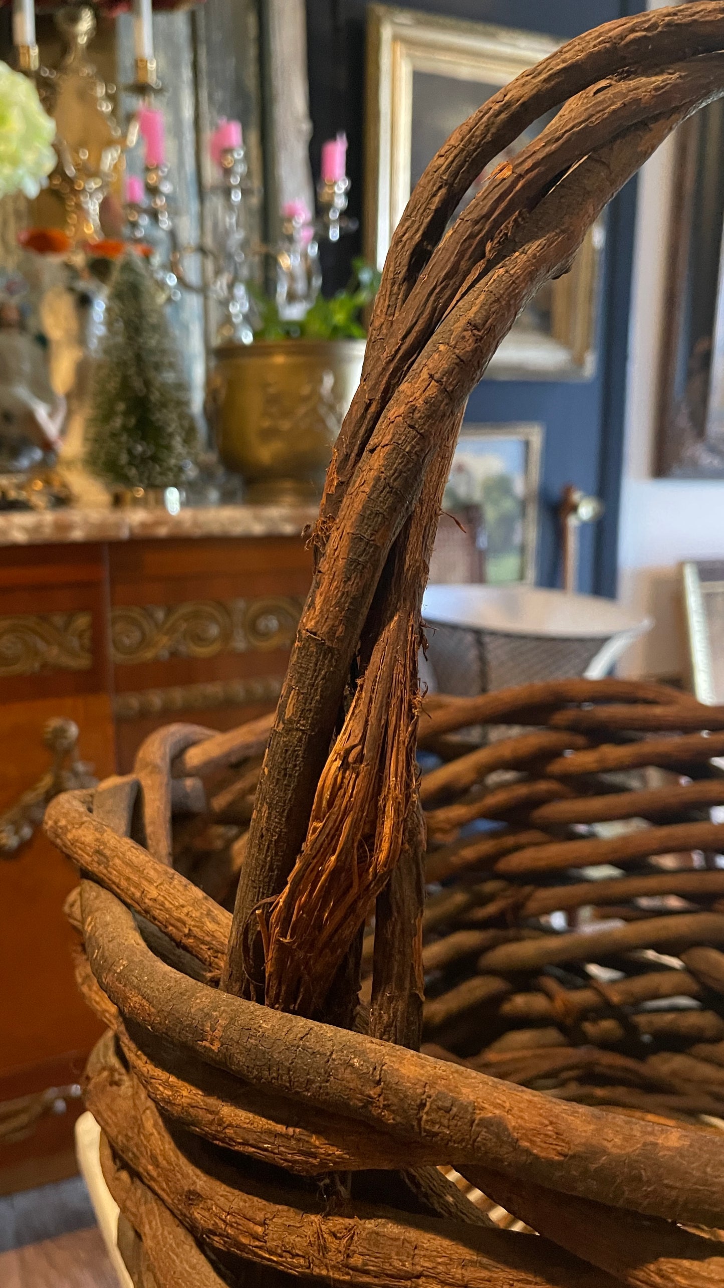 Large Vintage Hand-Woven Grapevine Gathering Basket | French Country Style