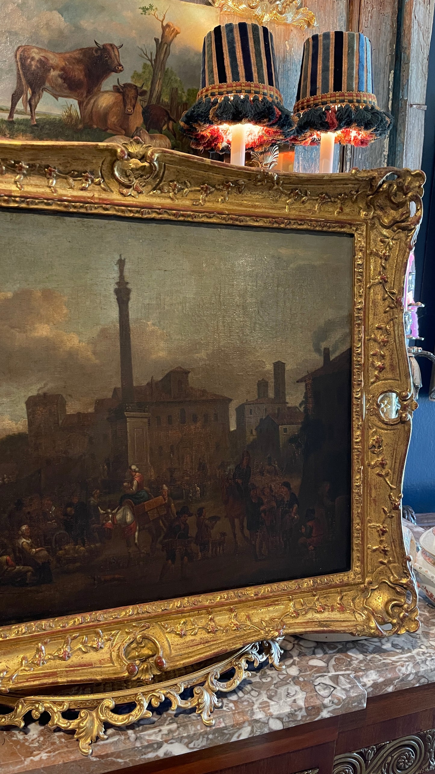 19th-Century European Oil Painting of Market Scene, Florence in an Exceptional Barbizon Frame