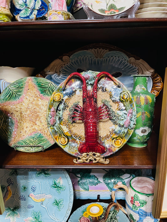 Vintage Majolica Palissy Style  Lobster Plate, Estate Decor
