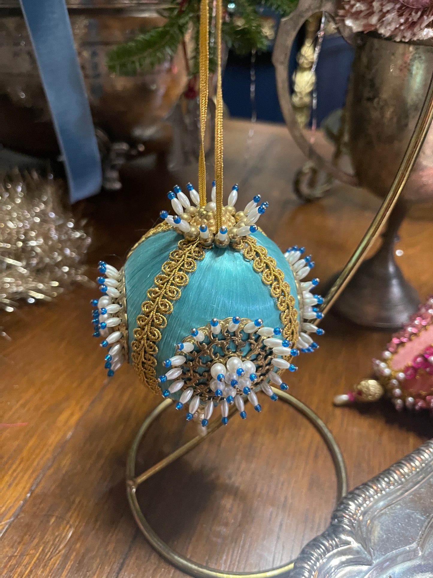 Blue and Gold Vintage Push Pin Christmas Ornament