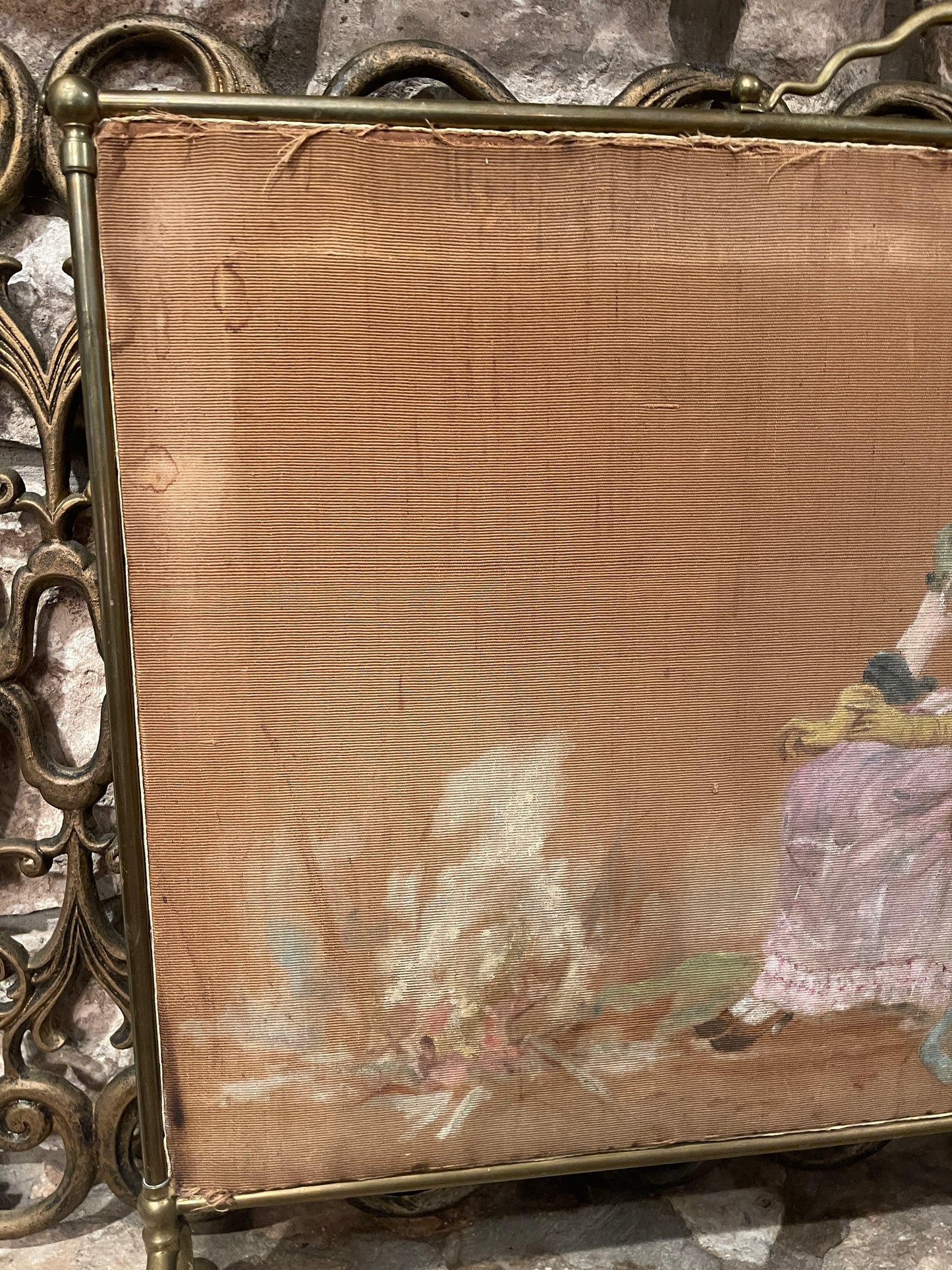 Antique Victorian Hand-Painted Fireplace Screen on Fabric with Brass Frame | Romantic 19th-Century Art Panel | Found in Round Top