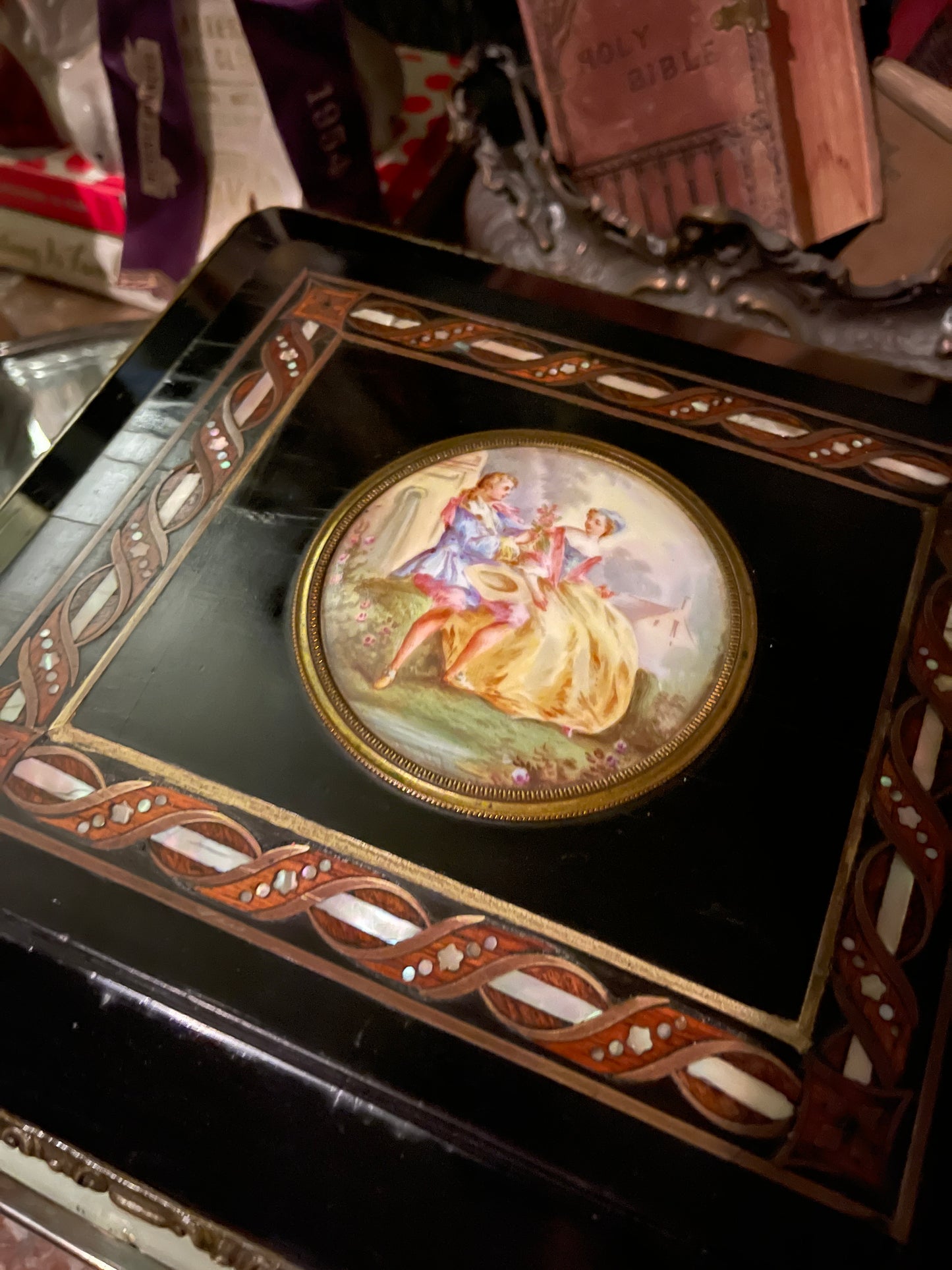 19th Century French Napoleon III Ebonized Mother-of-Pearl Inlaid Box with Hand-Painted Porcelain Plaque – Round Top Find